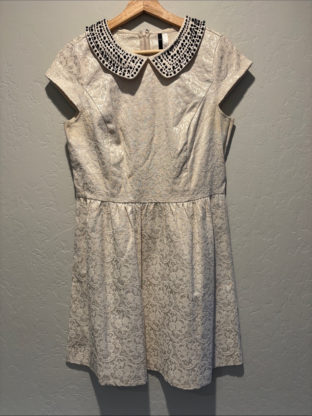 Kensie Cream Lace Dress with Beaded Black Peter Pan Collar